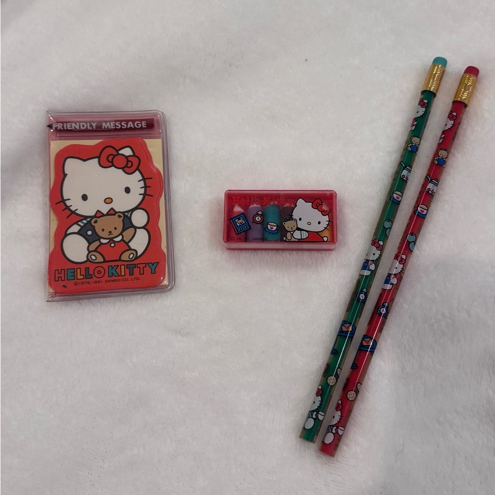 Authentic vintage 90s Hello Kitty Mini stationary and erasers, and pencils